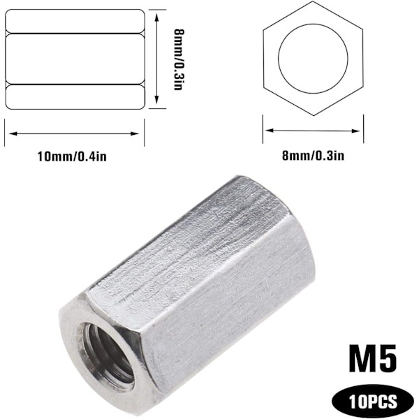 10 stk. Sekskant Stud-Koblingssett M5x8x10mm Rett Forlengelse Th,ZQKLA