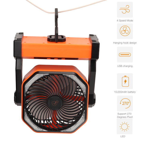 Camping ventilator med LED-lanterne 4 niveauer 270 graders drejning stor luftmængde USB genopladelig udendørs teltventilator med lyskrog orange