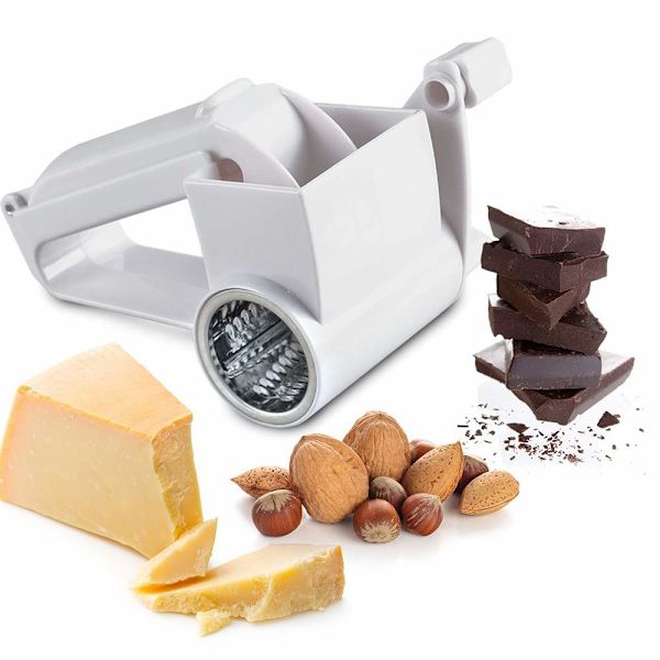 Multifunktionel rive med aftagelig rivetromle i rustfrit stål, til hård ost, nødder, chokolade og meget mere, hvid