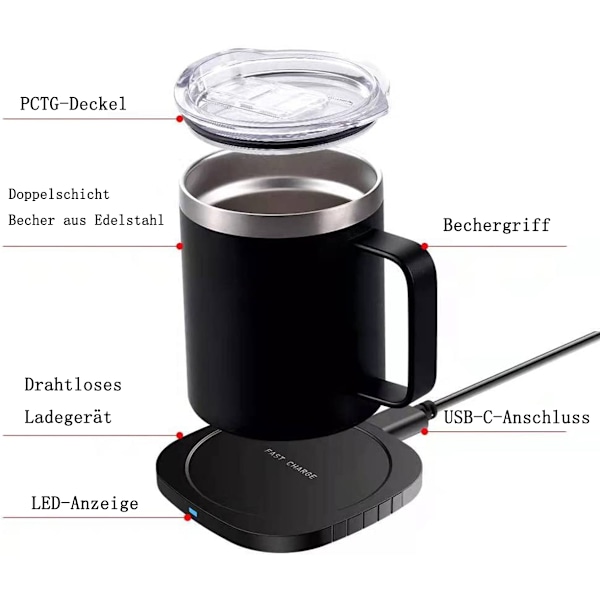 Smart Självvärmande Kaffemugg, Temperaturkontrollerad Uppvärmd Kaffemugg, Uppladdningsbar Smart Mugg Med Trådlös Laddningsbas, Ultimata Presenten För Kaffeälskare