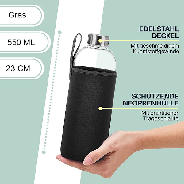 Klassisk bärbar glasvattenflaska, 550 ml, lämplig för varma eller kalla drycker
