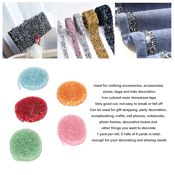 5 st Resin Rhinestone Strips Ribbons Bredd 1 cm Längd 1 Yard Crystal Glitter Rhinestone Trim för DIY Sko Väska Hantverk