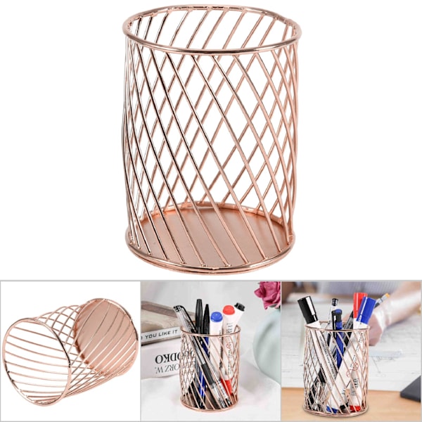 Hollow Out Metal Pen Holder Desktop Organizer Storage Basket Office Supplies (Rose Gold)