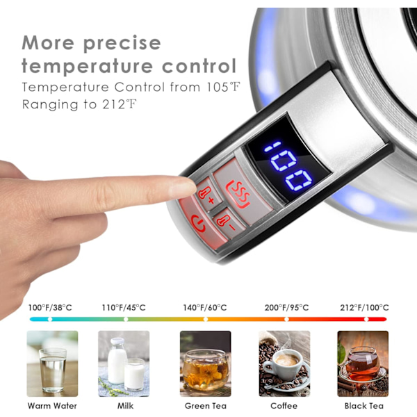 Digital Elektrisk Vattenkokare i Glas, Smart Touchskärm med Justerbar Temperatur för Exakt Uppvärmning, Snabkokningsfunktion för Snabbt Varmvatten