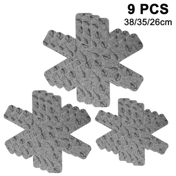 Omdesignade Köksredskapsbeskyddare, 9-delars set, Non-Woven Polyester med Anti-Slip Textur, Stapelbara Pannavdelare i Flera Storlekar, För Non-Stick Yta