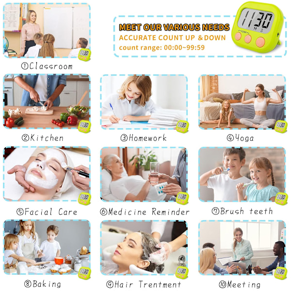 Timer för Barn & Lärare, Digital Timer med Högt Alarm & Tyst Läge, 2-pack Blå & Grön, för Klassrum & Fritidsaktiviteter