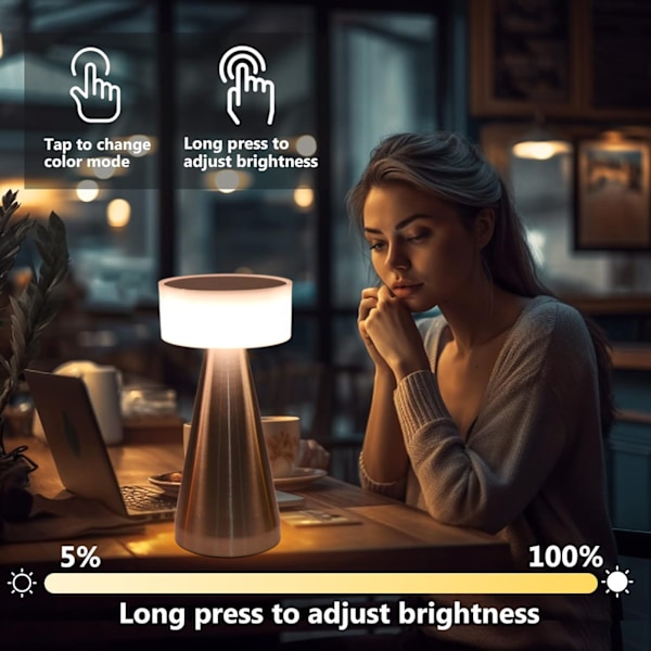 Bärbar LED Bordslampa 3 Färgtemperaturer Steglös Dimning 1800mAh Uppladdningsbart Batteri Sängbordslampa Silver