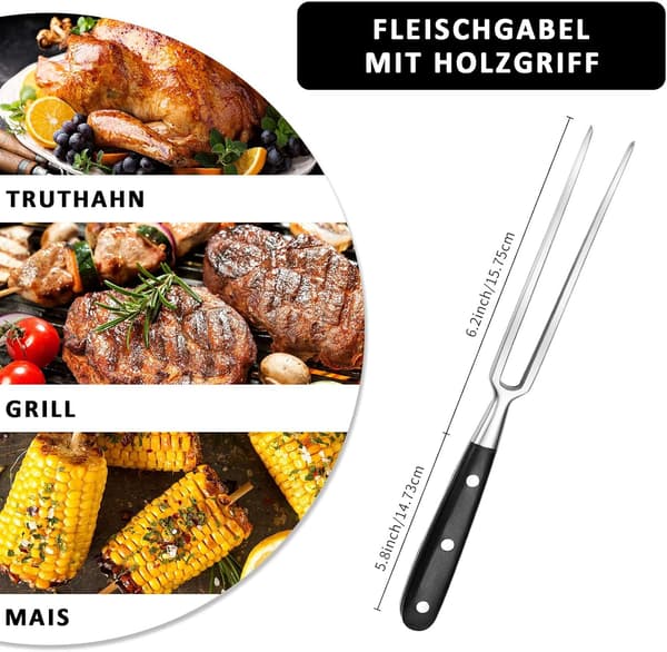 Kjøttgaffel, stor, rustfritt stål, med trehåndtak, bladlengde