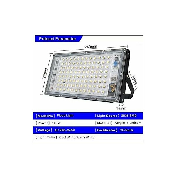 Arbetslampa för utomhusbruk, energibesparande 100W LED-strålkastare med hållbar design, superljus belysning för nattmarknad, fabrik, lager, enkel