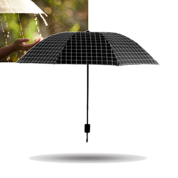 Bärbart Paraply Tri Fold 8 Ribbor Regn Sol Dubbel Användning Vindtätt Vikbart Rutmönstrat Paraply för Utomhusresor Svart