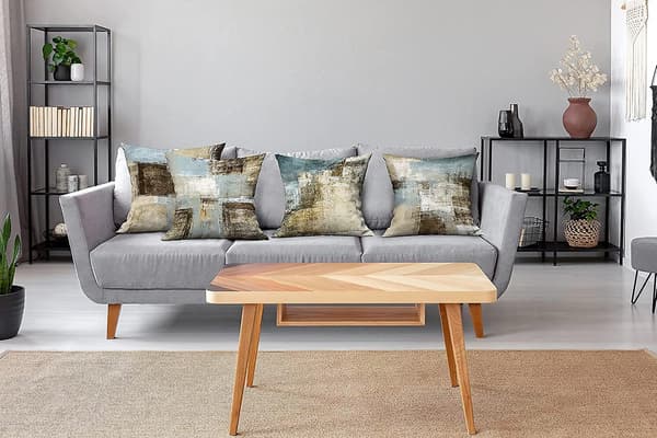 Pudebetræk med designerlook, komfortable og miljøvenlige, abstrakt kunst tilføjer elegance til ethvert rum, grå og blå (4 stk.)