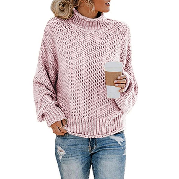 Efterårs- og vintertrøje Europæisk og amerikansk kvinders tyk stribet høj krave pullover trøje kvinder Pink XXXL