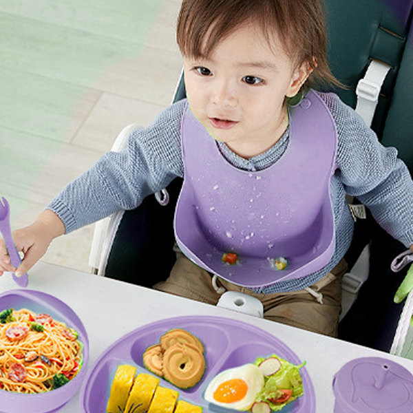 Børns supplerende silikone tallerken baby supplerende skål smiley tallerken seks-delt bestik sæt purple