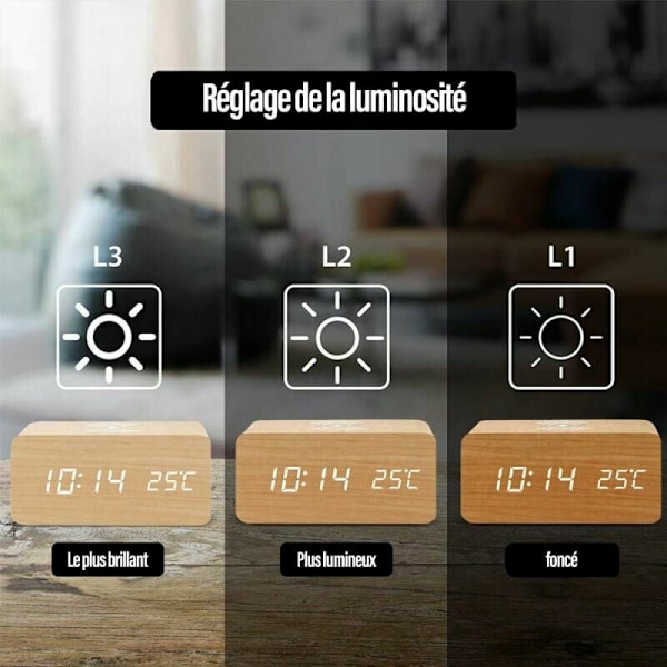 Stilren digital väckarklocka i trä, röststyrningsfunktion för enkel användning, elegant modern design perfekt för sovrum eller kontor