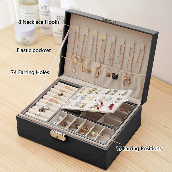 Boîte à Bijoux pour Femme, Coffret à Bijoux en Cuir Verrouillable de Voyage 2 Couches Organisator på Bijoux, Petit Jewelry Stockage Cas Rangement