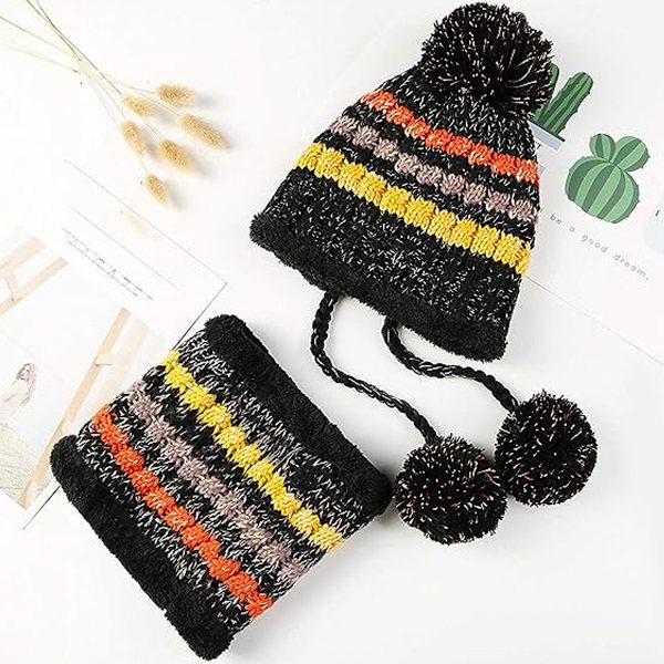 Kvinnors stickade mössa och halsduk set vinter varm tjock virkad bobble mössa