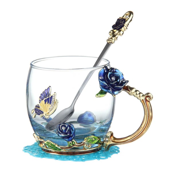 Punainen sininen ruusu emali kristalli teekuppi kahvikuppi Butterfly Rose