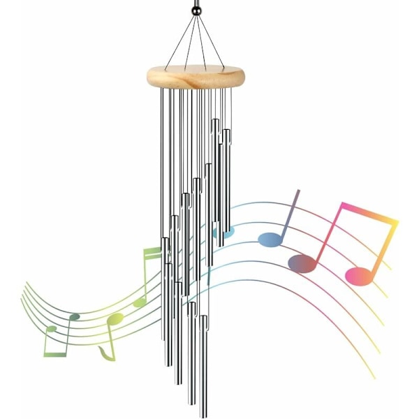 Utomhusvindspel med massiv träbas, elegant design med aluminiumlegeringsrör som producerar skarpt musikljud, dekorativ skönhet för uteplats, trädgård, balkong (silver)