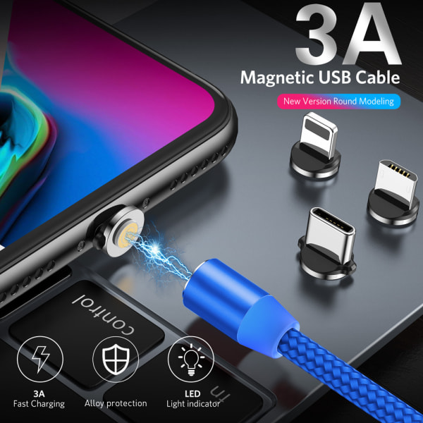 3-i-1 magnetisk ladekabel, nylon magnet USB-kabel,