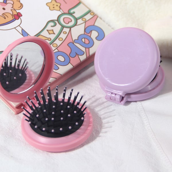 Vikbar hårborste med spegel, rund minikompakt massagekam