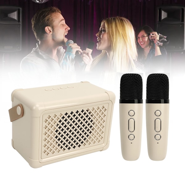 Mini Karaoke Maskin med 2 Trådløse Mikrofoner Bærbar Bluetooth Høytaler Karaoke Maskin Sett for Hjemmefest Bryllup Camping Beige