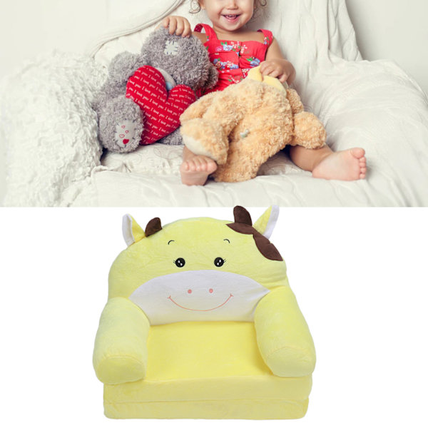 Tegneserie Foldbar Børnesofa Børn 2 i 1 Flip Open Couch Børnesofa Ryglæn Lænestol Seng Gul Ko 2 Lag