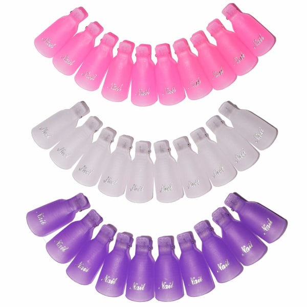 Nagellackborttagningsklämma, 30 st Akryl Nail Art Soak Off Clip Caps UV Gellackborttagning (rosa, lila, vit)