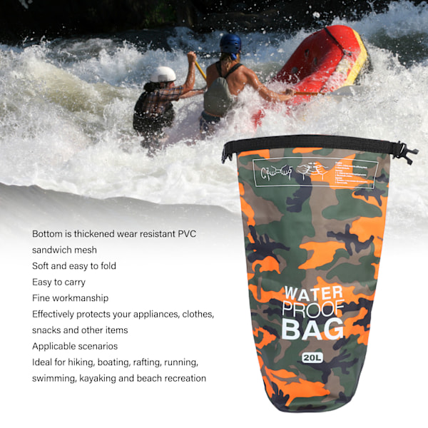 Vattentät torr väska polyester PVC lätt hopfällbar bärbar rulltopp torr väska för simning orange kamouflage 20L