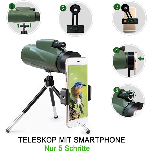 Monokulær kikkert, vandtæt, med smartphone-adapterstativ