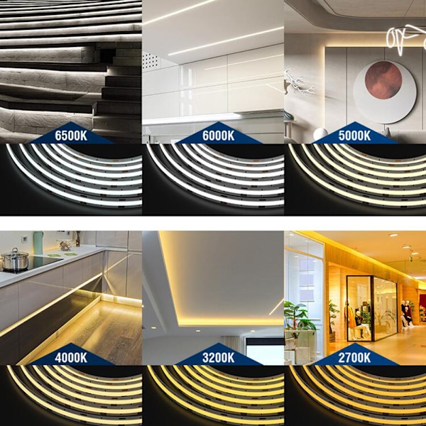 Flexibelt LED-strip kit för garderob, justerbar vit COB LED-strip CRI90+ bred användning hållbar för trappor (5M)