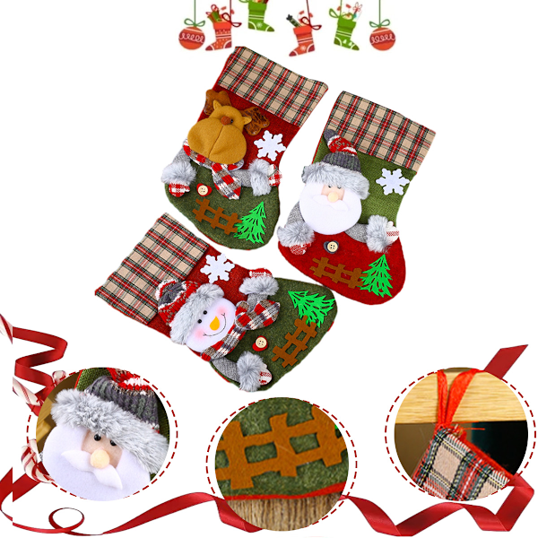 Festlig Julstrumpa Set, Karaktär Jultomte Snögubbe Ren Design, 3D Applikation Design Applikationer för Familjehelgdekor, Högkvalitativt Linne