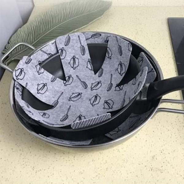 Omdesignade Köksredskapsbeskyddare, 9-delars set, Non-Woven Polyester med Anti-Slip Textur, Stapelbara Pannavdelare i Flera Storlekar, För Non-Stick Yta