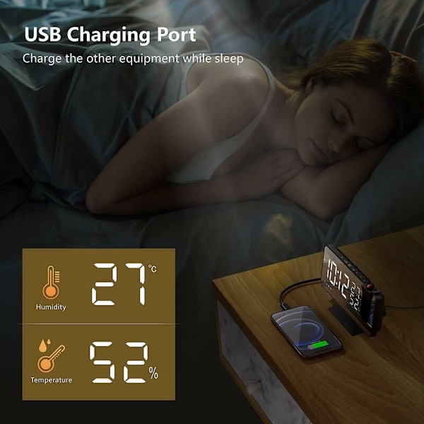 Projektionsväckarklocka med Spegelskärm, Uppgraderad Glansig Skärm för Automatisk Ljusstyrkejustering, Dubbla Alarm med 5 Minuters Snooze-funktion för