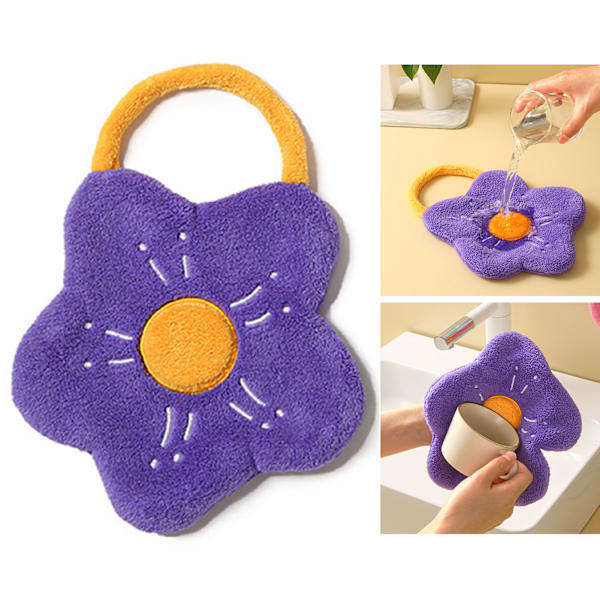 Handduk Dubbel Lager Korallfleece Blomform Stark Absorptionsförmåga Mjuk Hängande Handduk Lila