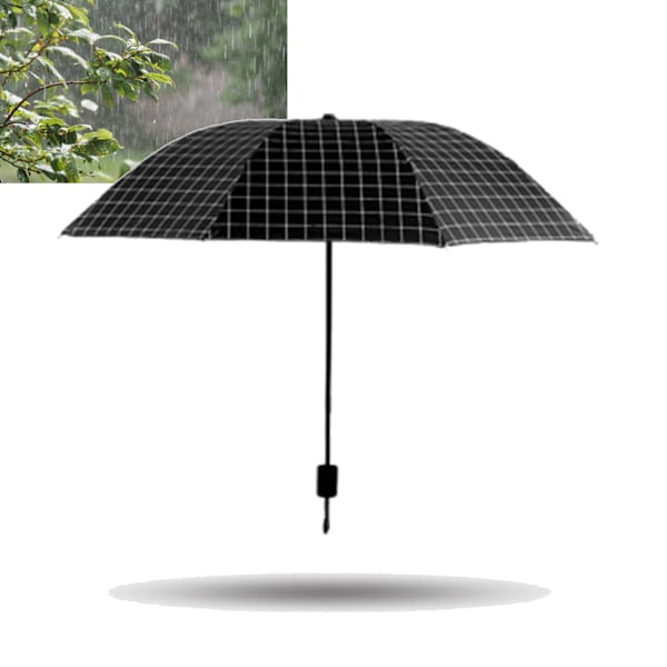 Bärbart Paraply Tri Fold 8 Ribbor Regn Sol Dubbel Användning Vindtätt Vikbart Rutmönstrat Paraply för Utomhusresor Svart