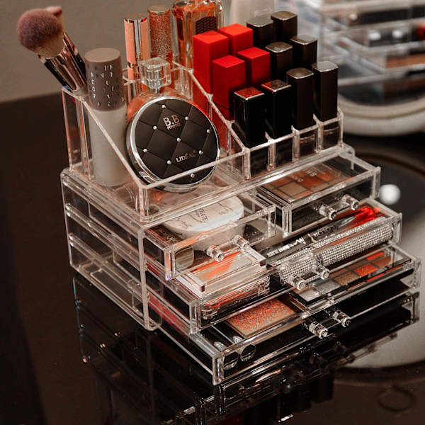 Akryl Klar Makeup Organizer og Opbevaring Stabelbar Hudpleje Kosmetik Display Case med 4 Skuffer Makeup Stativer til Smykker Hårtilbehør