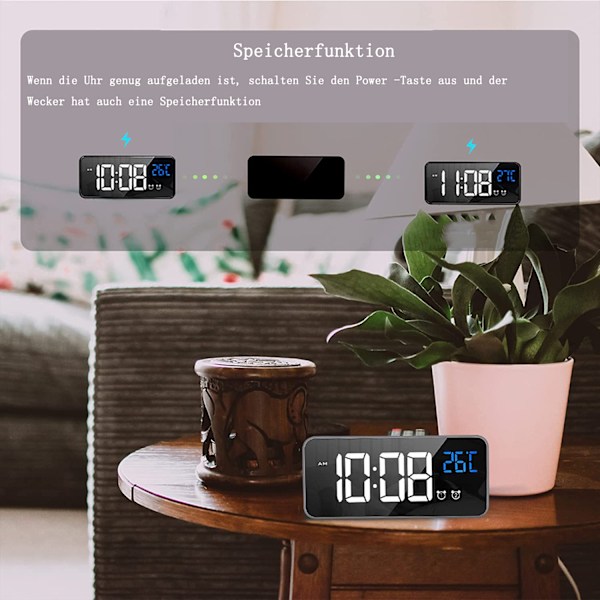 Digital Väggklocka, Automatisk Dimning LED Spegel Stor Display, Dubbla Alarm med Snooze-funktion, Röststyrningsaktivering för Sovrumsinredning