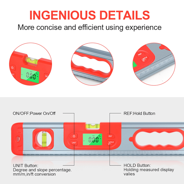Digitalt nivå Aluminiumlegering 4x90 grader 2x180 grader Profesjonelt elektronisk digitalt nivå for måling Rød