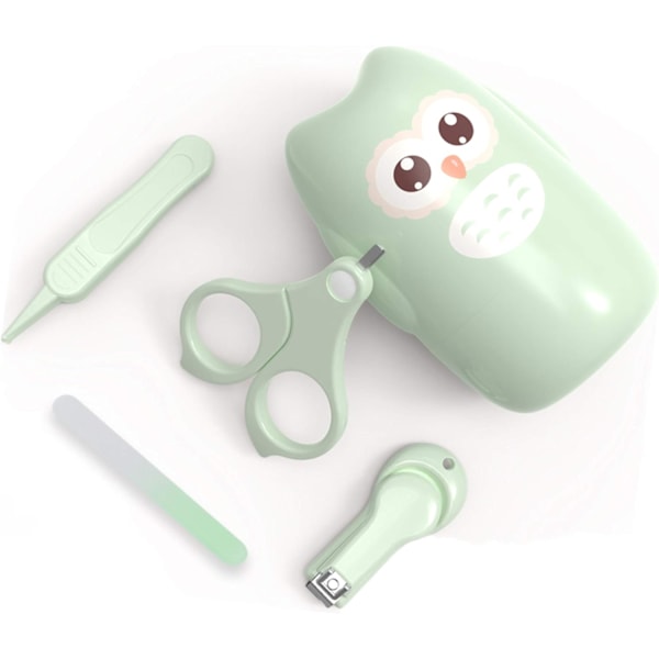 Baby Nagelsats, 4-i-1 Baby Nagelsats med Söt Väska, Baby Nagelklippare, Sax, Nagelfil & Pincett, Uggla Grön Baby Manikyr & Pedikyr