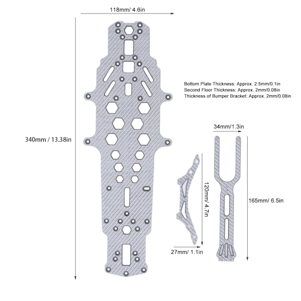 RC Karbonfiber Chassis Høy Fleksibilitet CNC Maskinering Hul 2 Lags Synkende Erstatning RC Bunn Chassis Plate Sølv