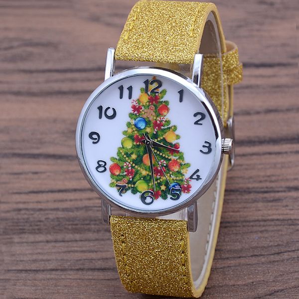 Damklocka med julgranmotiv - avslappnad, ljus läderrem, kvartsur