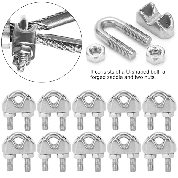 10 stk 3/16 tommers M4 rustfritt stål wire tau klemme klemme U bolt sal festemiddel