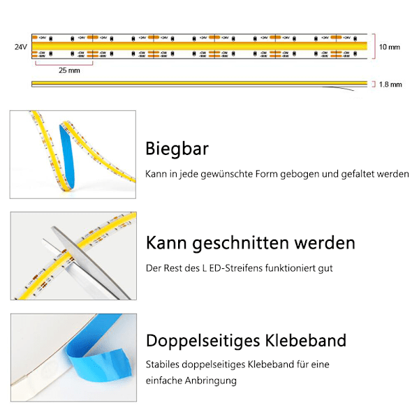 Flexibelt LED-strip kit för garderob, justerbar vit COB LED-strip CRI90+ bred användning hållbar för trappor (5M)