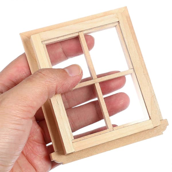 Miniatyrfönsterram i trä för dockhusdekoration, beige