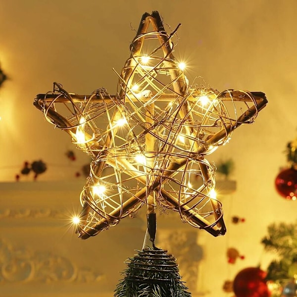 Stjärna i rotting för julgranstopp, varmvita LED-lampor lyser upp dina juldekorationer med rustik charm för en perfekt julstämning