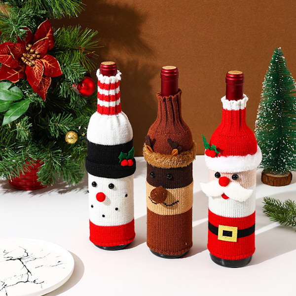 Julens Elegans, Julvinflaskfodral med Kreativ Stickad Tomte och Snögubbe Design, Högkvalitativ Polyester Virkning,