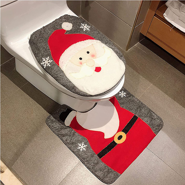 Jul-tema Badrumsinredningsset, 3D Näsa Tomte Toalettsitsöverdrag och Mattset, Lämpligt för Vanliga Toaletter, Dekorativt Praktiskt
