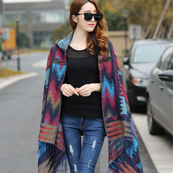 Dame Poncho Cape Åben Front Frynser Wrap