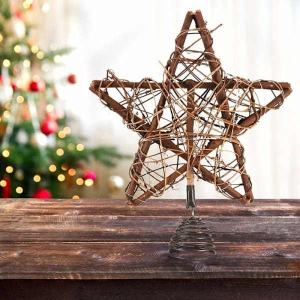 Stjärna i rotting för julgranstopp, varmvita LED-lampor lyser upp dina juldekorationer med rustik charm för en perfekt julstämning