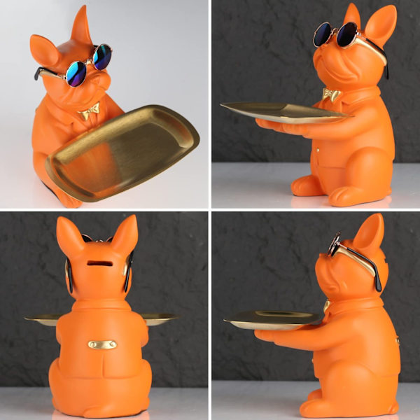 Bulldog-skulptur Fransk statue med rustfritt stål brett, borddekorasjon